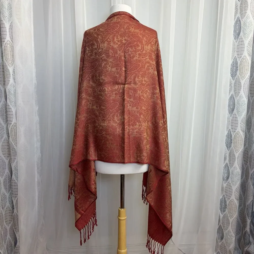 Reversible Pashmina Cashmere Silk Scarf Stole Wrap Shawl Paisley Burgundy Gold